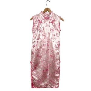Chinese Satin Sleeveless Cheongsam Pink Floral Mandarin Dress